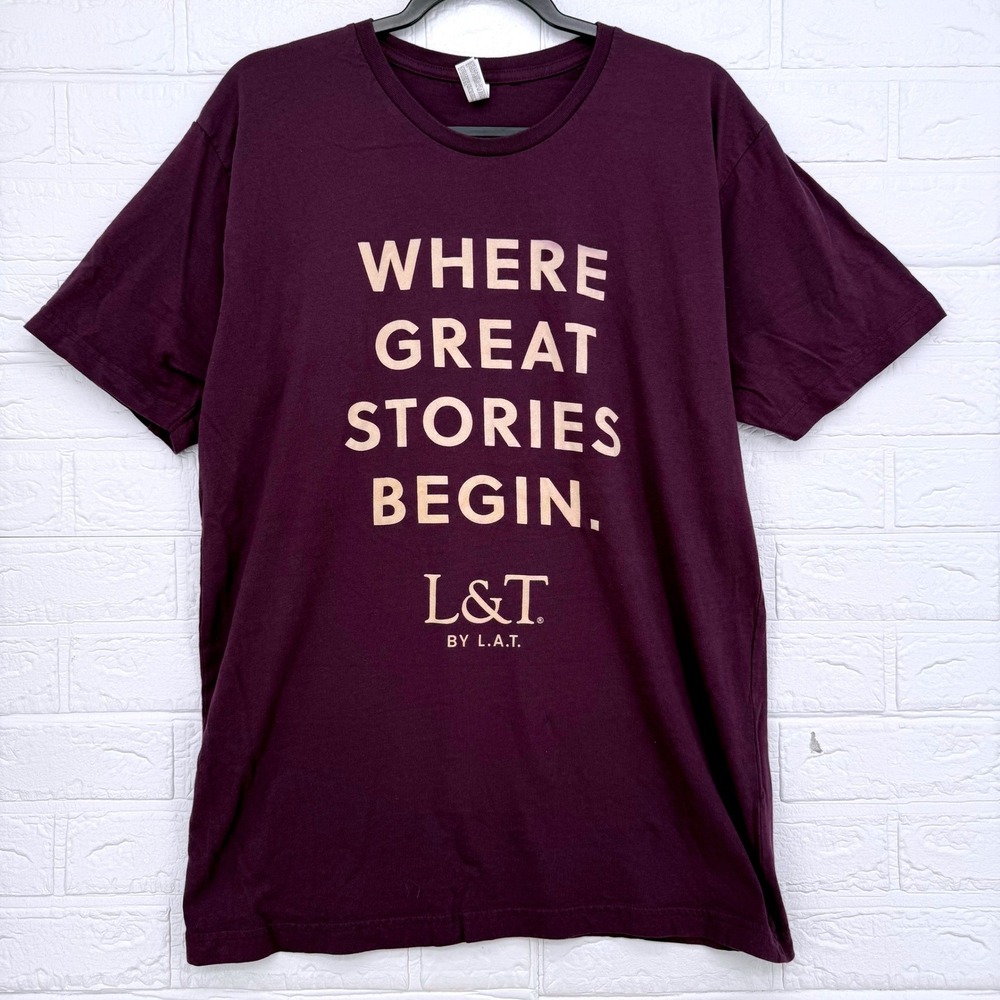 L&T by L.A.T. Graphic Tee Mens L Purple Where Great Stories Begin Short Sleeve